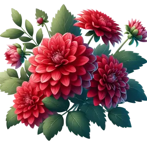 Red Dahlia Flower Bouquet with Green Leaves