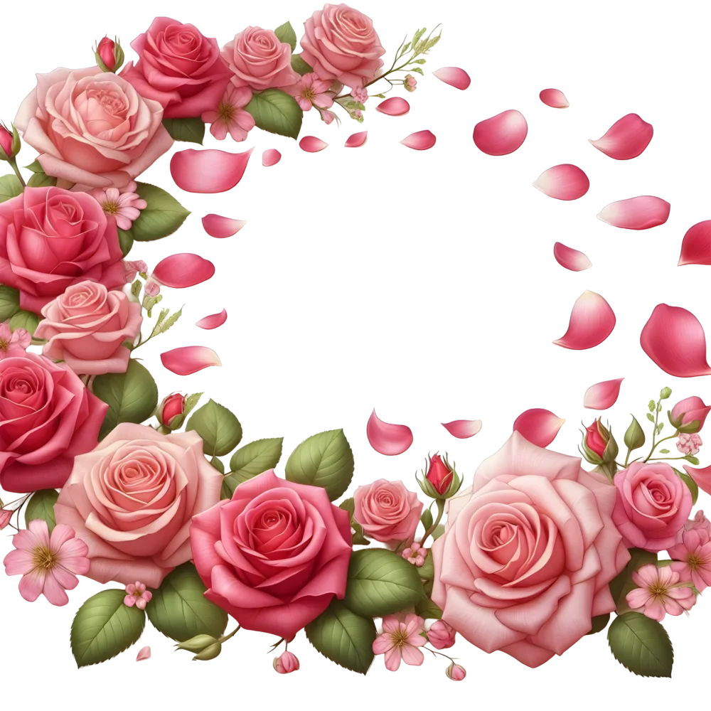 Pink and Red Rose Floral Frame with Falling Petals