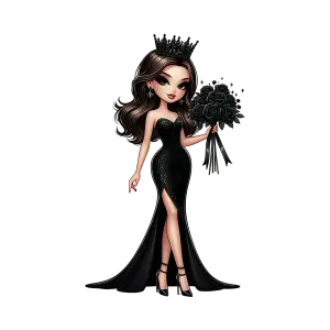 Elegant Cartoon Woman in Black Evening Gown with Black Roses and Crown