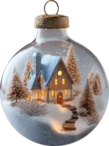 Christmas Ornament with Cozy Snowy House and Pine Trees
