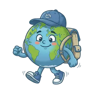 Cartoon Earth Character Hiking with Backpack and Cap