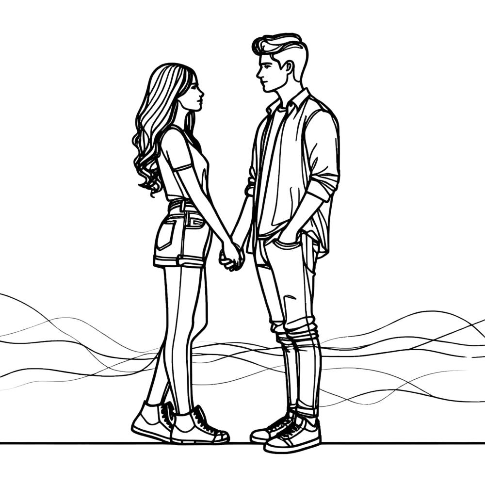 Line Art Illustration of a Young Couple Holding Hands