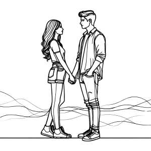 Line Art Illustration of a Young Couple Holding Hands