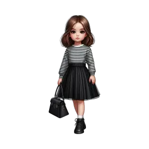 Stylish Little Girl in Black and White Striped Dress with Handbag