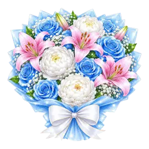 Colorful bouquet with blue roses, pink lilies, and white peonies