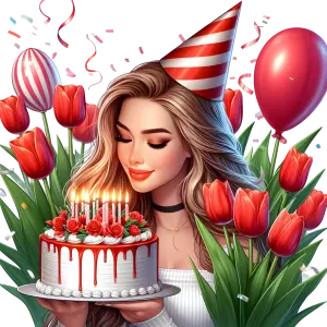 Young Woman with Birthday Cake and Red Tulips