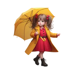 Cute Little Girl in Yellow Coat Holding Yellow Umbrella