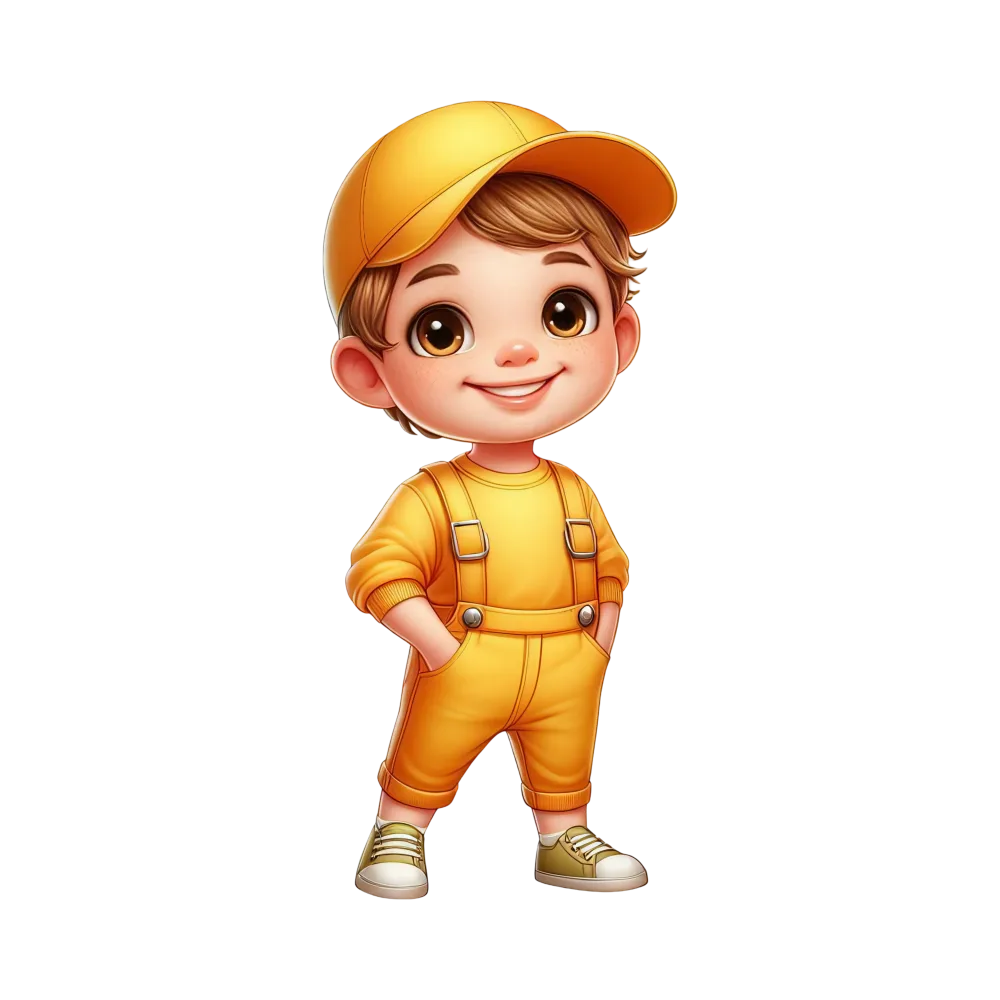 Smiling cartoon boy in yellow cap and overalls