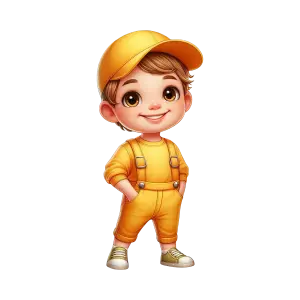 Smiling cartoon boy in yellow cap and overalls