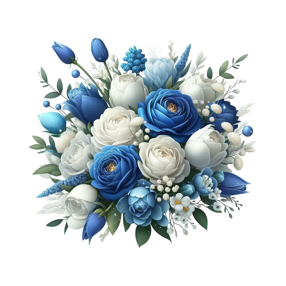 Blue and White Floral Bouquet with Green Leaves