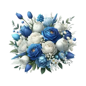 Blue and White Floral Bouquet with Green Leaves