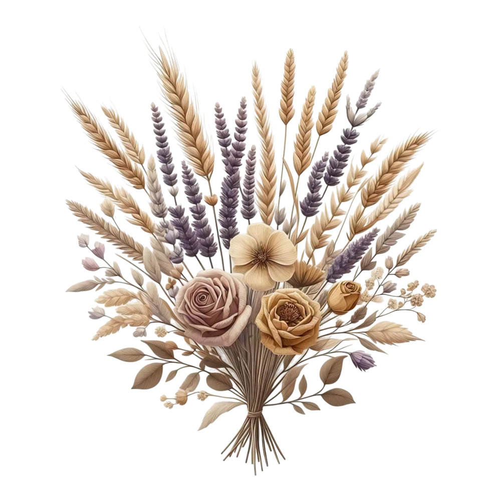 Bouquet of Dried Wheat Stalks and Roses