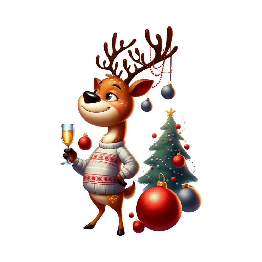 Festive Reindeer in Sweater with Christmas Tree and Ornaments