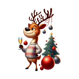 Festive Reindeer in Sweater with Christmas Tree and Ornaments