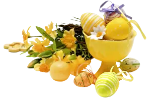 Yellow Easter Eggs and Spring Flowers Arrangement