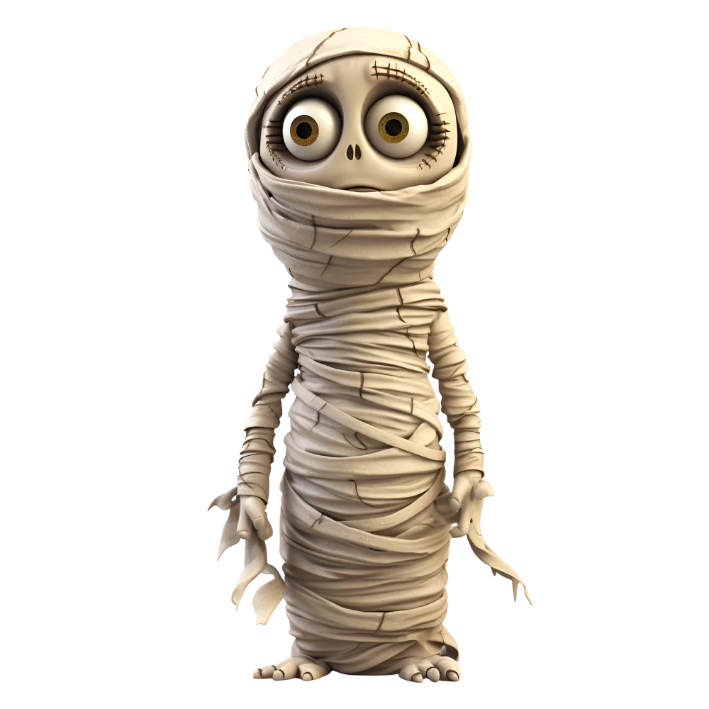 Cartoon Mummy Character with Wide Eyes Wrapped in Bandages