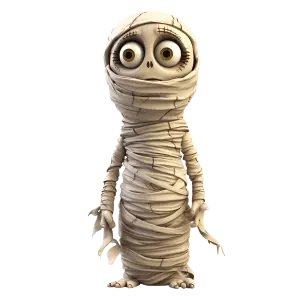 Cartoon Mummy Character with Wide Eyes Wrapped in Bandages