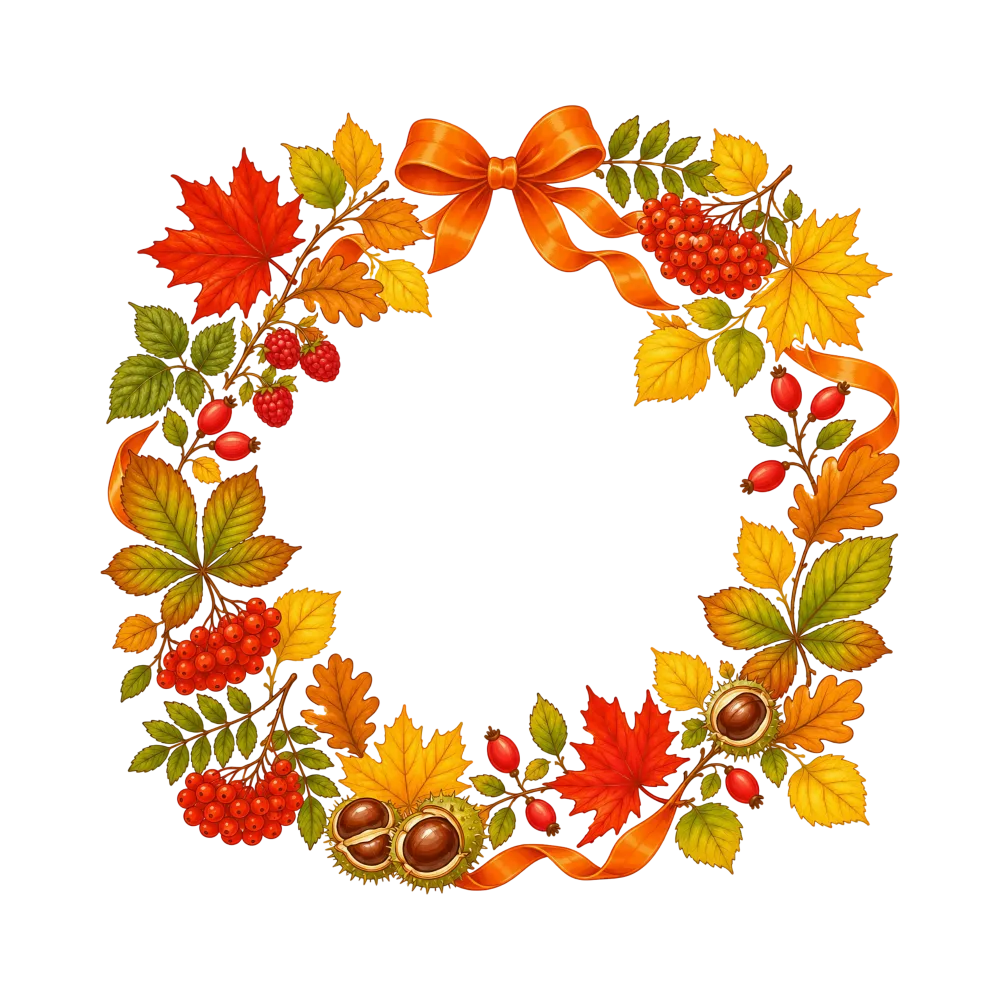 Autumn Harvest Wreath with Orange Ribbon Bow and Seasonal Foliage