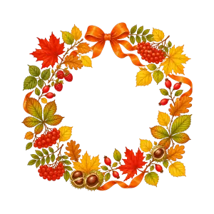Autumn Harvest Wreath with Orange Ribbon Bow and Seasonal Foliage