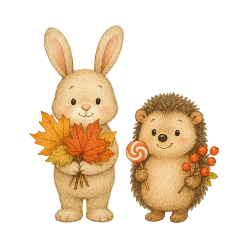 Cute Bunny and Hedgehog Holding Autumn Leaves and Berries