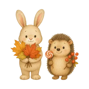 Cute Bunny and Hedgehog Holding Autumn Leaves and Berries
