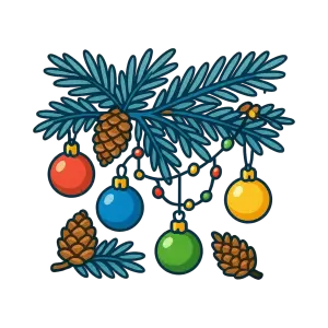 Illustrated Christmas Pine Branch with Colorful Baubles and Pine Cones