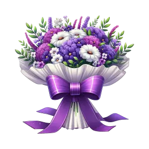 Bouquet of Purple and White Flowers with Purple Ribbon