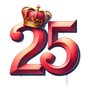 Red 25 Number with Golden Crown on Black Background