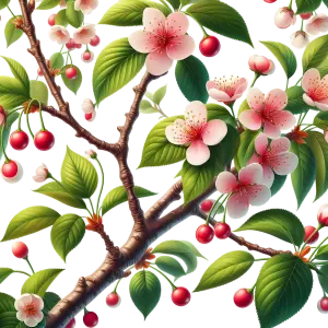 Cherry Blossom Branch with Pink Flowers and Red Fruits