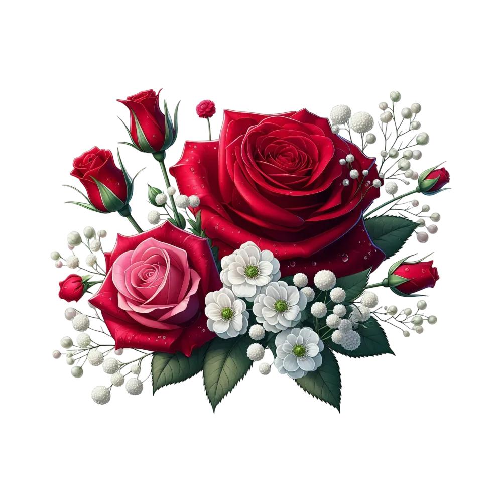 Bouquet of Red and Pink Roses with White Flowers and Green Leaves