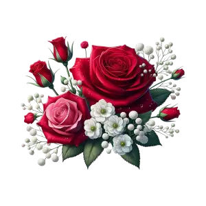 Bouquet of Red and Pink Roses with White Flowers and Green Leaves