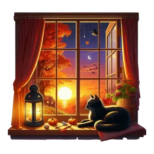 Cozy Autumn Sunset Scene with Black Cat on Windowsill
