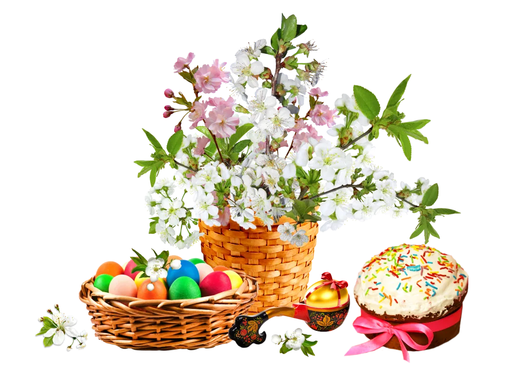 Easter Basket with Colorful Eggs, Spring Blossoms, and Festive Cake