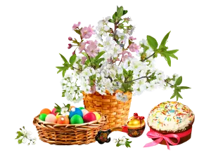 Easter Basket with Colorful Eggs, Spring Blossoms, and Festive Cake