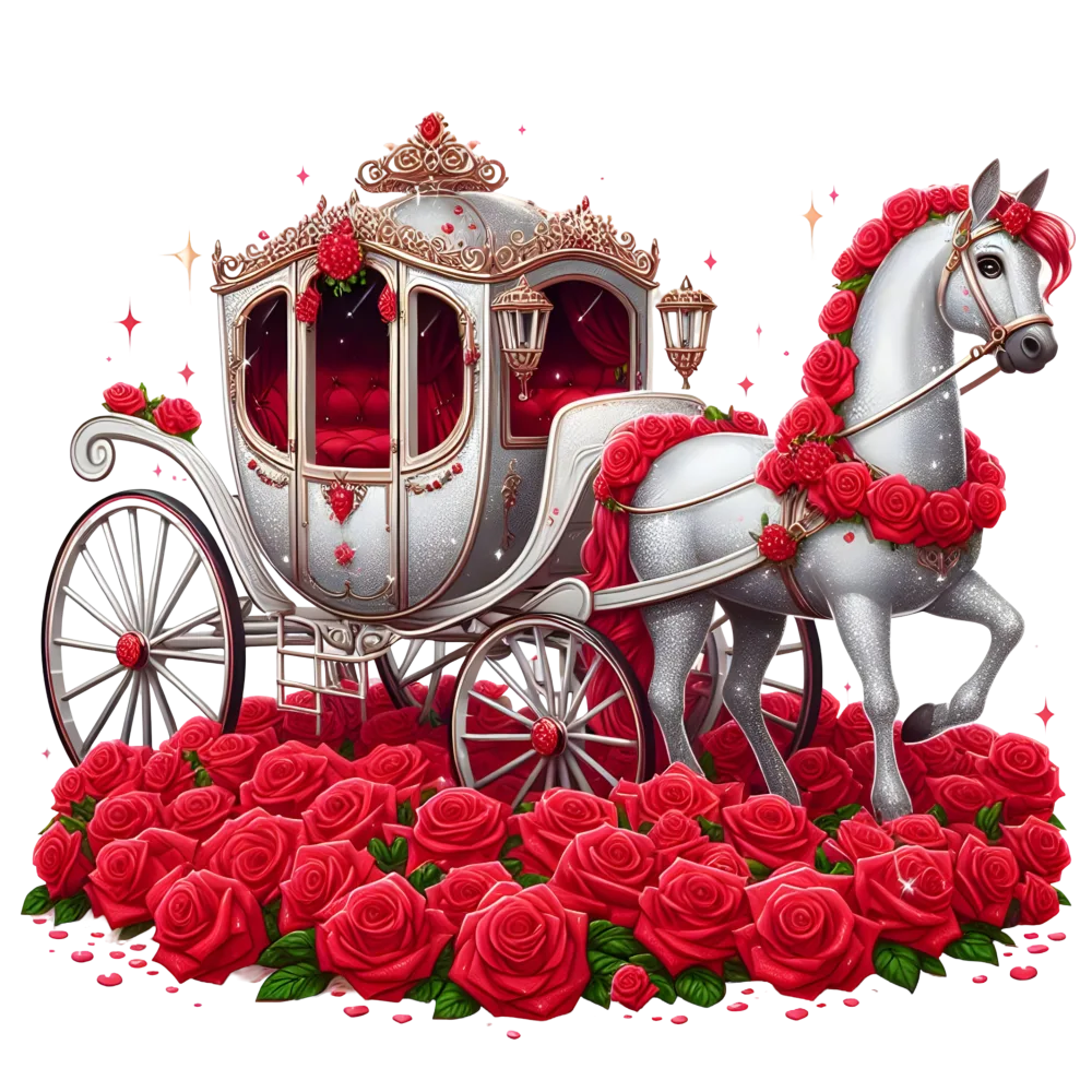 Elegant White Horse and Carriage Decorated with Red Roses