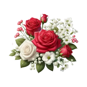 Bouquet of Red and White Roses with White Flowers and Green Leaves