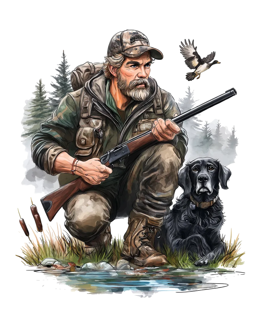 Hunter with Hunting Dog and Rifle by Forest Pond