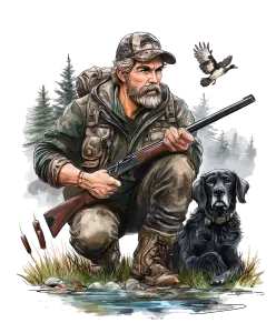 Hunter with Hunting Dog and Rifle by Forest Pond