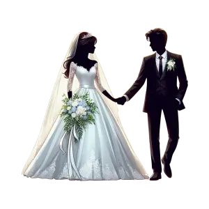 Illustration of Bride and Groom Holding Hands in Wedding Attire