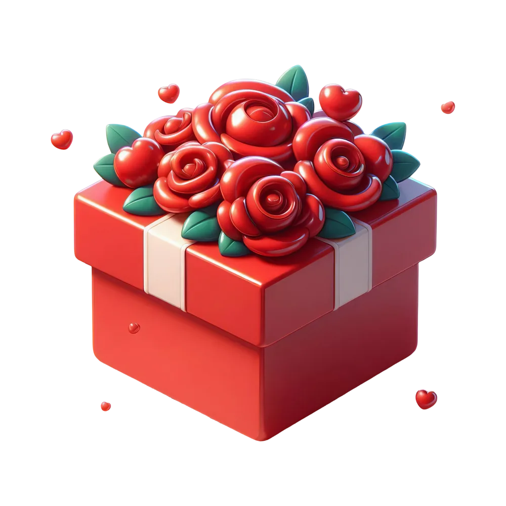 Red Gift Box with Decorative Roses and Hearts