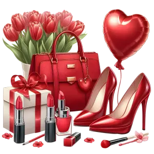 Collection of Red Fashion Accessories and Gifts with Tulips and Heart Balloon