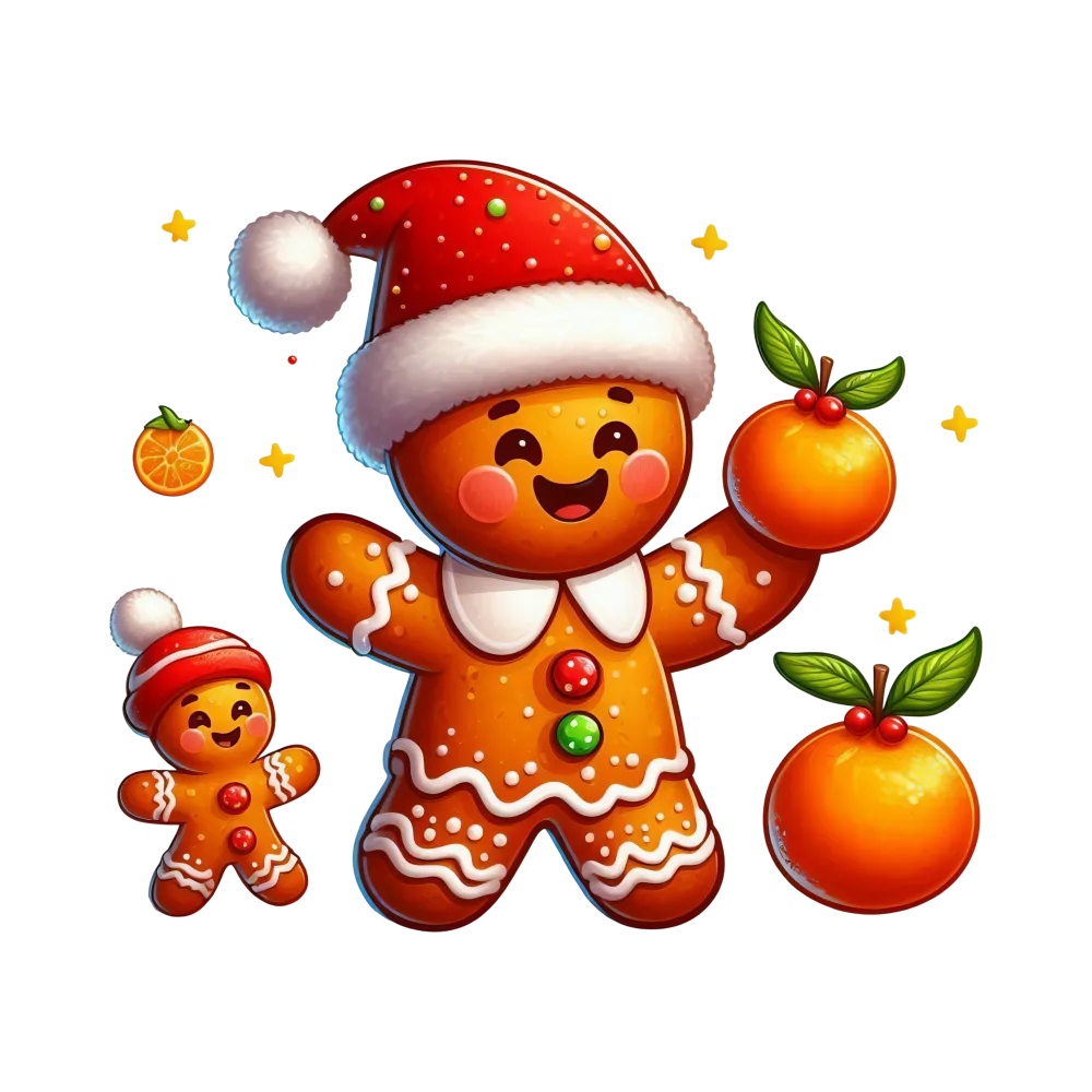 Cheerful Gingerbread Man with Santa Hat Holding Oranges Illustration