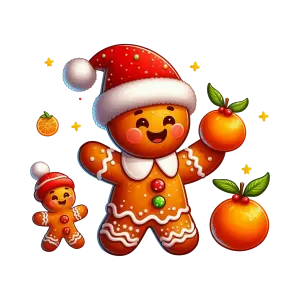 Cheerful Gingerbread Man with Santa Hat Holding Oranges Illustration