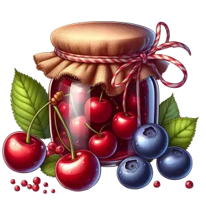 Jar of Cherry Jam with Fresh Cherries and Blueberries