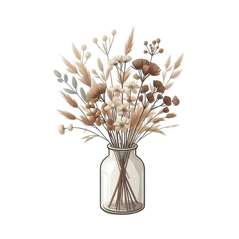 Dried Brown and White Flower Bouquet in Glass Vase
