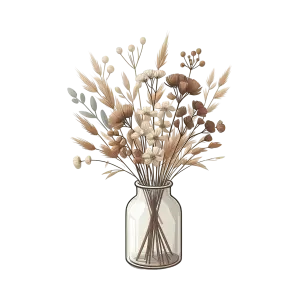 Dried Brown and White Flower Bouquet in Glass Vase