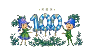 Cartoon Characters Holding Number 100 Balloons with Floral Decorations
