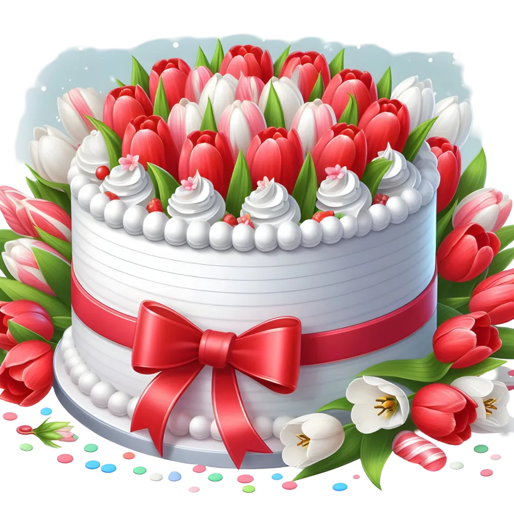 Decorative Celebration Cake with Red and White Tulips and Red Bow