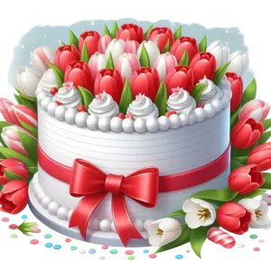 Decorative Celebration Cake with Red and White Tulips and Red Bow
