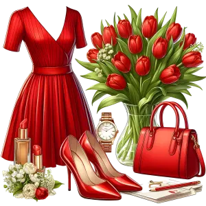 Red Women’s Fashion Accessories and Tulip Bouquet